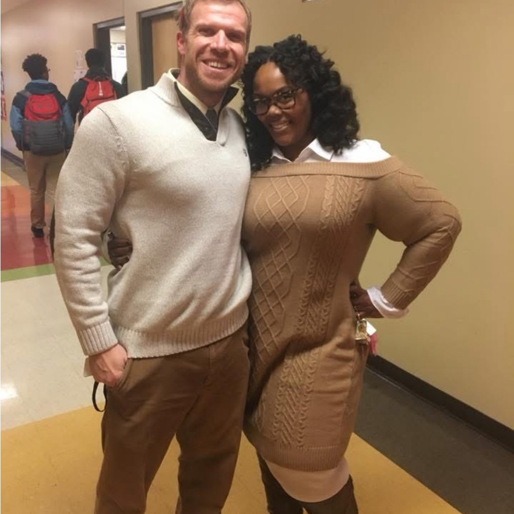 Sweater dress with connected collar and cuffs